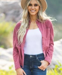 LLOVE LONG SLEEVES Wine Button Up Fray Hem Top