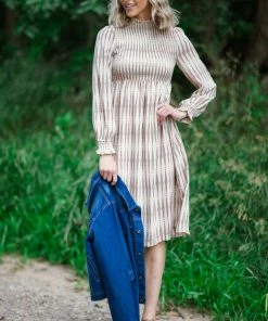 Very J Dresses Taupe And Beige Geometric Print Midi Dress