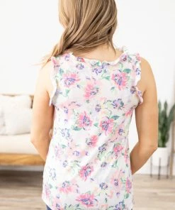 Lime N Chili Tops White And Pink Floral Print Notch Neck Tank