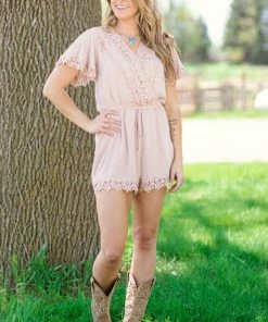 BLUIVY Tan Crochet Trim Short Sleeve Romper