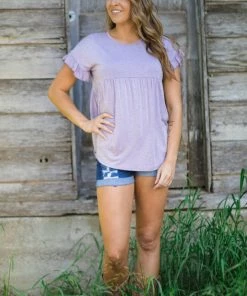 Hailey Apparel Tops Lavender Heathered Ruffle Sleeve Babydoll Top