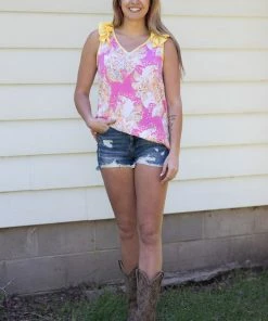 Macaron Tops Pink And Yellow Ruffle Strap Paisley Tank