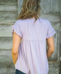 Hailey Apparel Tops Lavender Heathered Ruffle Sleeve Babydoll Top