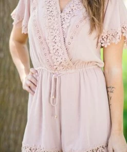 BLUIVY Tan Crochet Trim Short Sleeve Romper