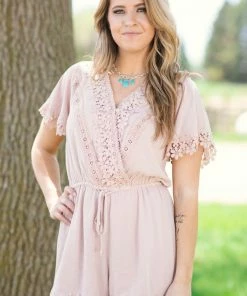 BLUIVY Tan Crochet Trim Short Sleeve Romper