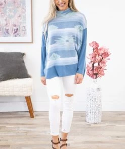 Hailey And Co LONG SLEEVES Dusty Blue Aztec Print Dolman Sleeve Top