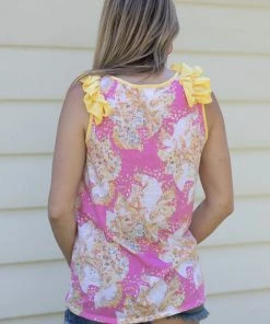 Macaron Tops Pink And Yellow Ruffle Strap Paisley Tank