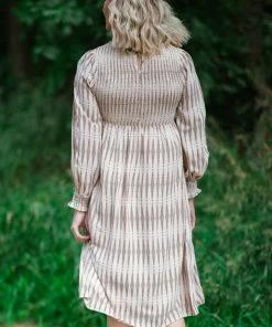 Very J Dresses Taupe And Beige Geometric Print Midi Dress