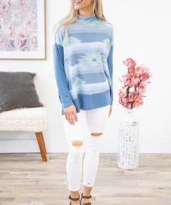 Hailey And Co LONG SLEEVES Dusty Blue Aztec Print Dolman Sleeve Top