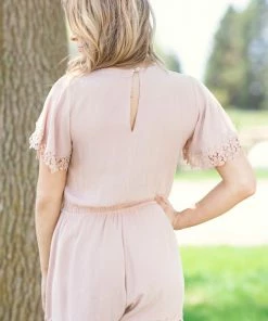 BLUIVY Tan Crochet Trim Short Sleeve Romper