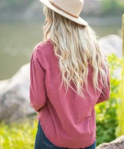 LLOVE LONG SLEEVES Wine Button Up Fray Hem Top