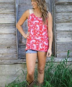 Haptics Red Multicolor Paisley Crochet Strap Tank