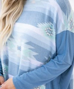 Hailey And Co LONG SLEEVES Dusty Blue Aztec Print Dolman Sleeve Top