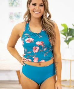 Coral Reef Swim SWIMWEAR Teal And Pink Floral Print Swim Top