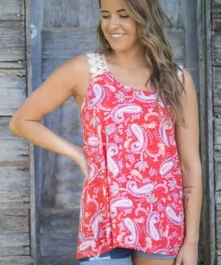 Haptics Red Multicolor Paisley Crochet Strap Tank