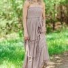 Dress Day Mocha Smocked Bodice Strapless Maxi Dress