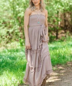 Dress Day Mocha Smocked Bodice Strapless Maxi Dress