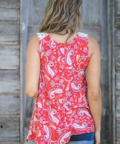 Haptics Red Multicolor Paisley Crochet Strap Tank