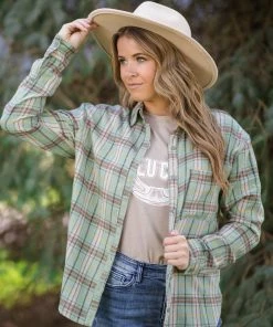 ASB FASHION Sage And Taupe Plaid Button Up Top