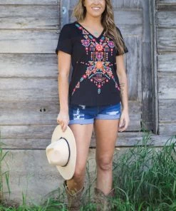 Andree By Unit Tops Black Multicolor Embroidered V-Neck Top