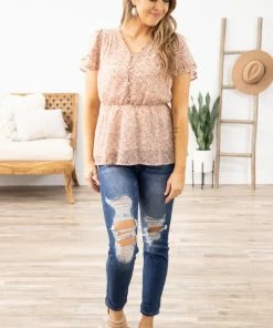 Doe & Rae Dusty Rose Ditsy Floral Flutter Sleeve Top Tops