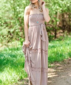 Dress Day Mocha Smocked Bodice Strapless Maxi Dress