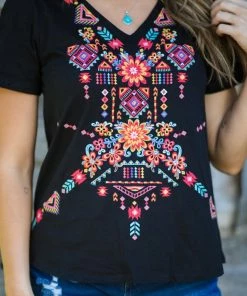 Andree By Unit Tops Black Multicolor Embroidered V-Neck Top