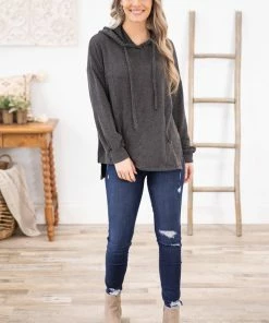 White Birch Charcoal Washed Rib Knit Hooded Top