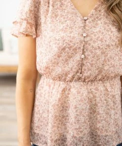 Doe & Rae Dusty Rose Ditsy Floral Flutter Sleeve Top Tops