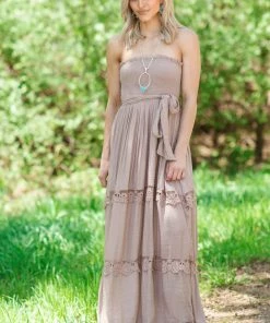 Dress Day Mocha Smocked Bodice Strapless Maxi Dress