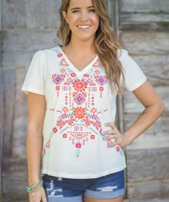 Andree By Unit White Multicolor Embroidered V-Neck Top Tops