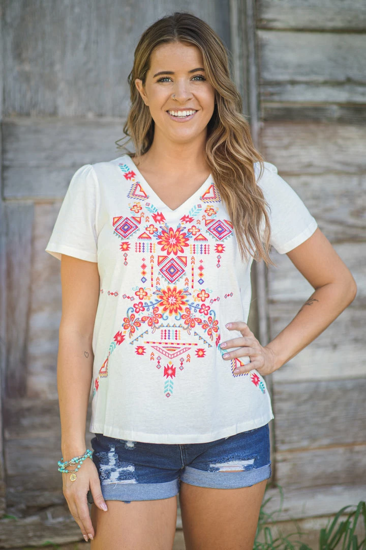 Andree By Unit White Multicolor Embroidered V-Neck Top Tops 3 Andree By Unit White Multicolor Embroidered V-Neck Top Tops