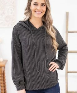 White Birch Charcoal Washed Rib Knit Hooded Top