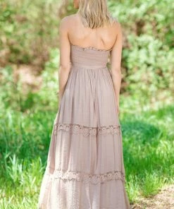 Dress Day Mocha Smocked Bodice Strapless Maxi Dress