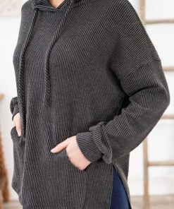 White Birch Charcoal Washed Rib Knit Hooded Top