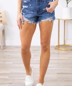 Rewash Dark Wash Button Fly Fray Hem Shorts Bottoms