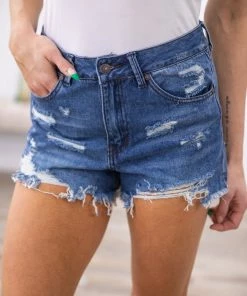 Rewash Dark Wash Button Fly Fray Hem Shorts Bottoms