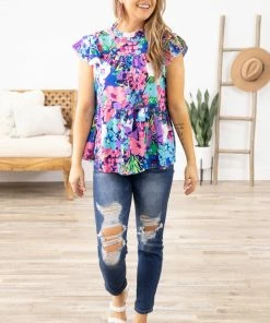 Jodifl Pink Multicolor Floral Ruffle Cap Sleeve Top 9 Jodifl Pink Multicolor Floral Ruffle Cap Sleeve Top