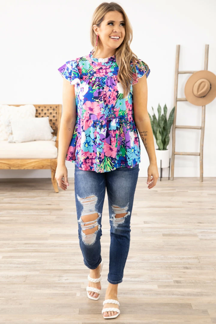 Jodifl Pink Multicolor Floral Ruffle Cap Sleeve Top 5 Jodifl Pink Multicolor Floral Ruffle Cap Sleeve Top