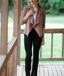 New Moa Collection MADE IN THE USA Mocha Drape Front Shirred Sleeve Blazer