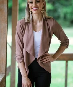 New Moa Collection MADE IN THE USA Mocha Drape Front Shirred Sleeve Blazer