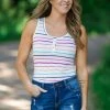 Hailey Apparel White Multicolor Stripe Henley Tank Tops 1 Hailey Apparel White Multicolor Stripe Henley Tank Tops