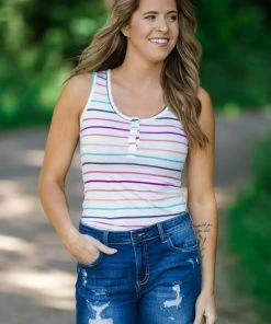 Hailey Apparel White Multicolor Stripe Henley Tank Tops
