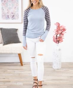 Hailey And Co Pastel Blue Stripe Sleeve Ruched Side Top LONG SLEEVES