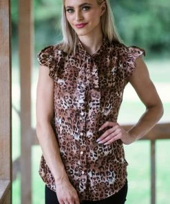 ADORA Cognac Flutter Sleeve Animal Print Top
