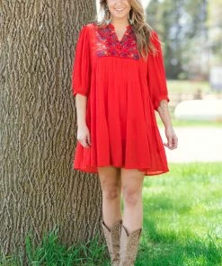 Umgee Red Floral Print Embroidered Bodice Dress Dresses