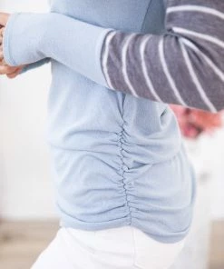 Hailey And Co Pastel Blue Stripe Sleeve Ruched Side Top LONG SLEEVES