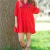 Umgee Red Floral Print Embroidered Bodice Dress Dresses