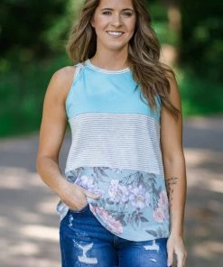 Lovely Melody Baby Blue Multicolor Floral Colorblock Tank Tops