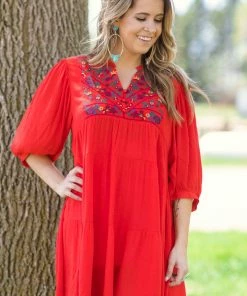 Umgee Red Floral Print Embroidered Bodice Dress Dresses